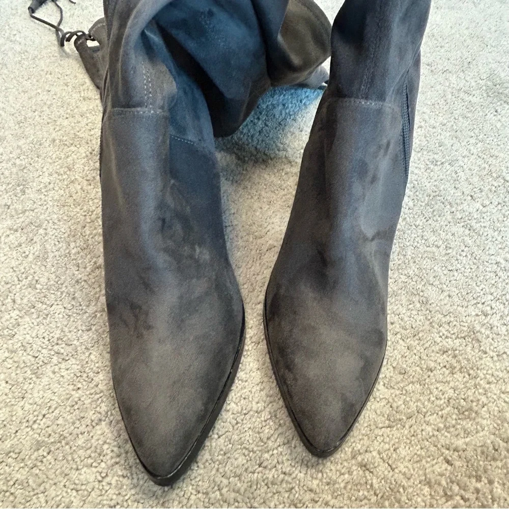 Marc Fisher gray faux suede knee-high over the knee tassel boots chunky heel 9