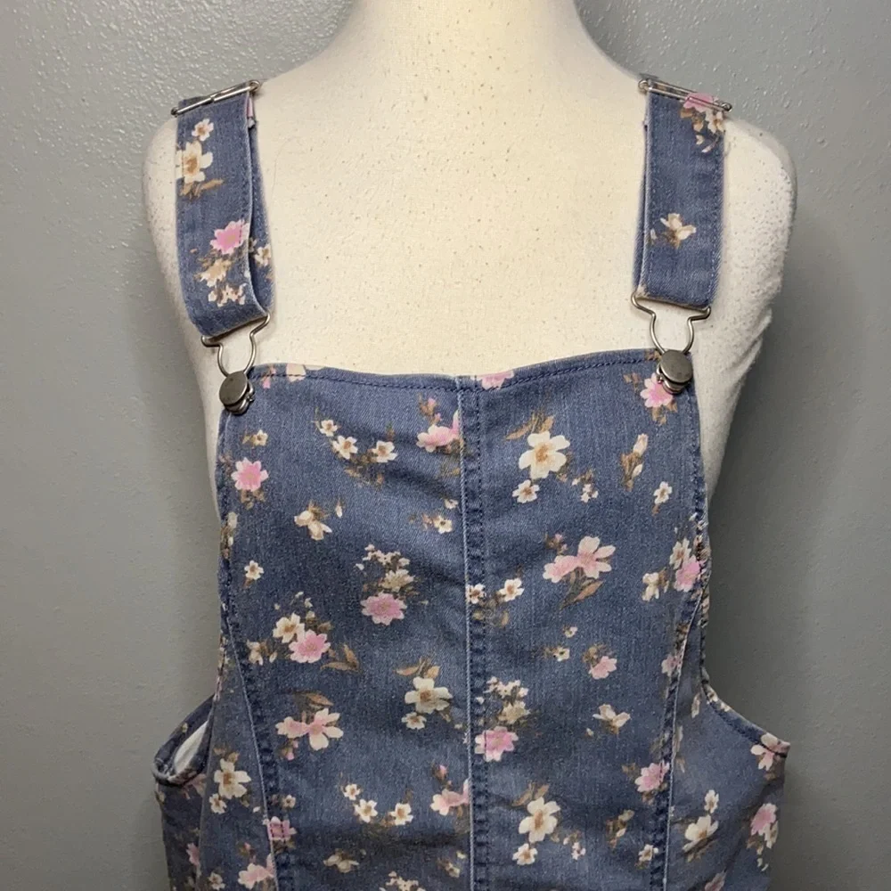 No Boundaries Denim Overalls Dress Floral Print Juniors 11/13