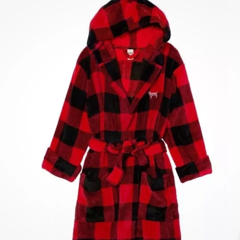 PINK Victoria’s Secret Red & Black Buffalo Plaid Sequin Dog Hooded Robe Sz. XS/S