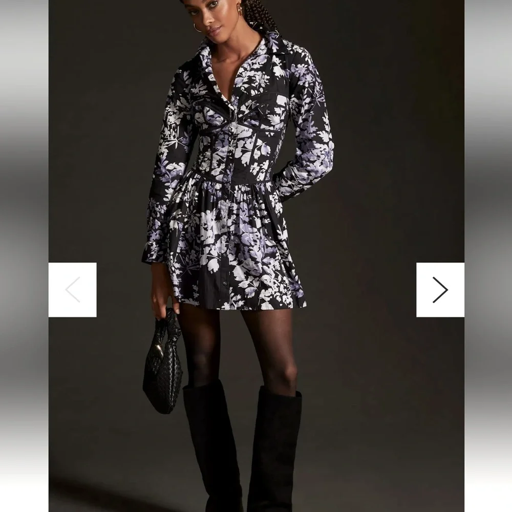 Anthropologie Corset Mini Shirt Dress - Black/White/Purple Floral long sleeve