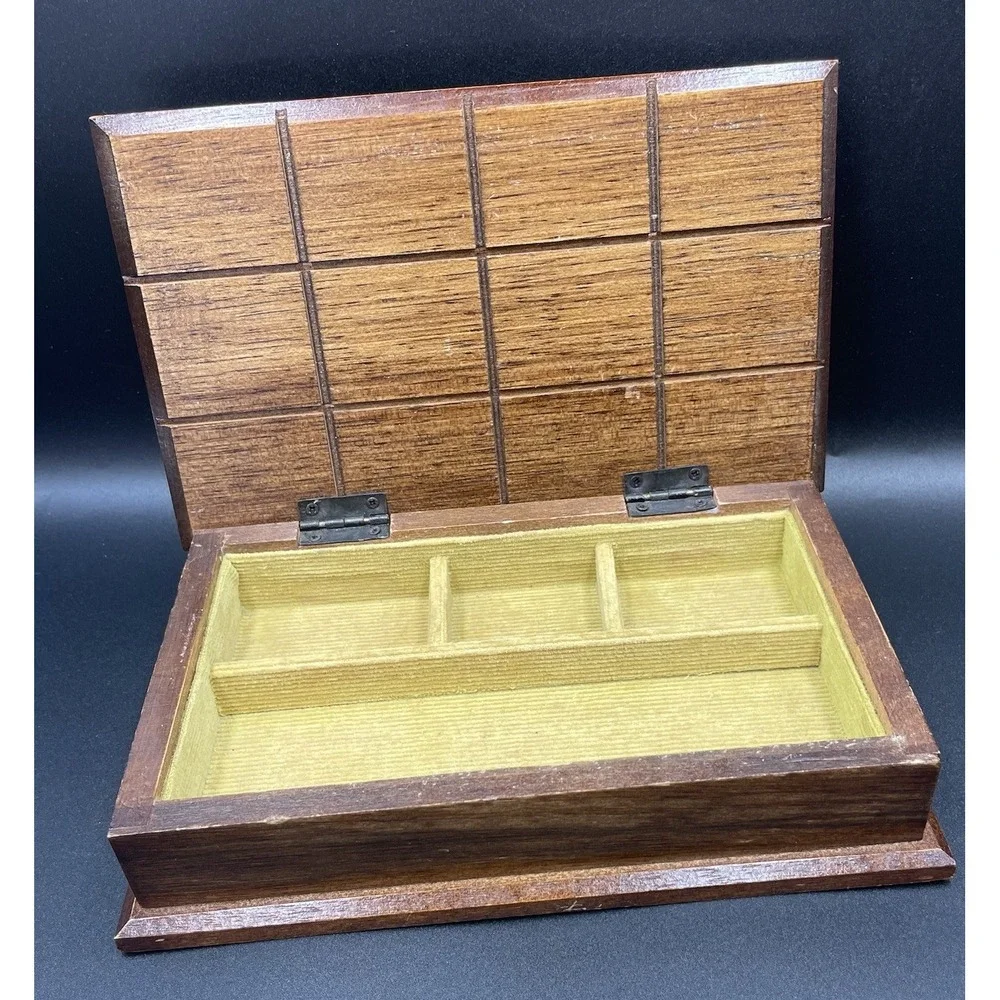 Vintage Carved Wooden Jewelry Box with Green Corduroy Lining Hinged Lid - MCM