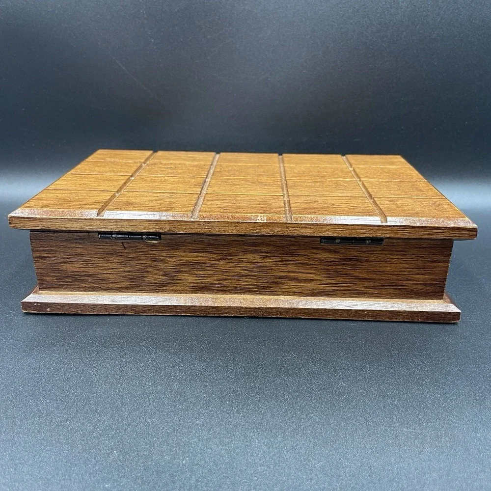 Vintage Carved Wooden Jewelry Box with Green Corduroy Lining Hinged Lid - MCM