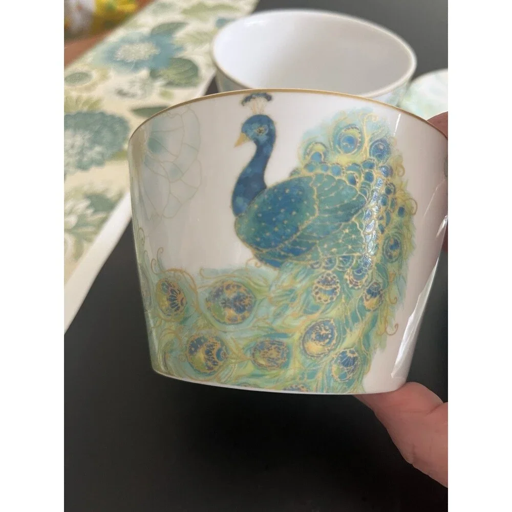 Lakshmi Turquoise Teal Gold Peacock Feathers Bowls Plates  222 Fifth 4pc