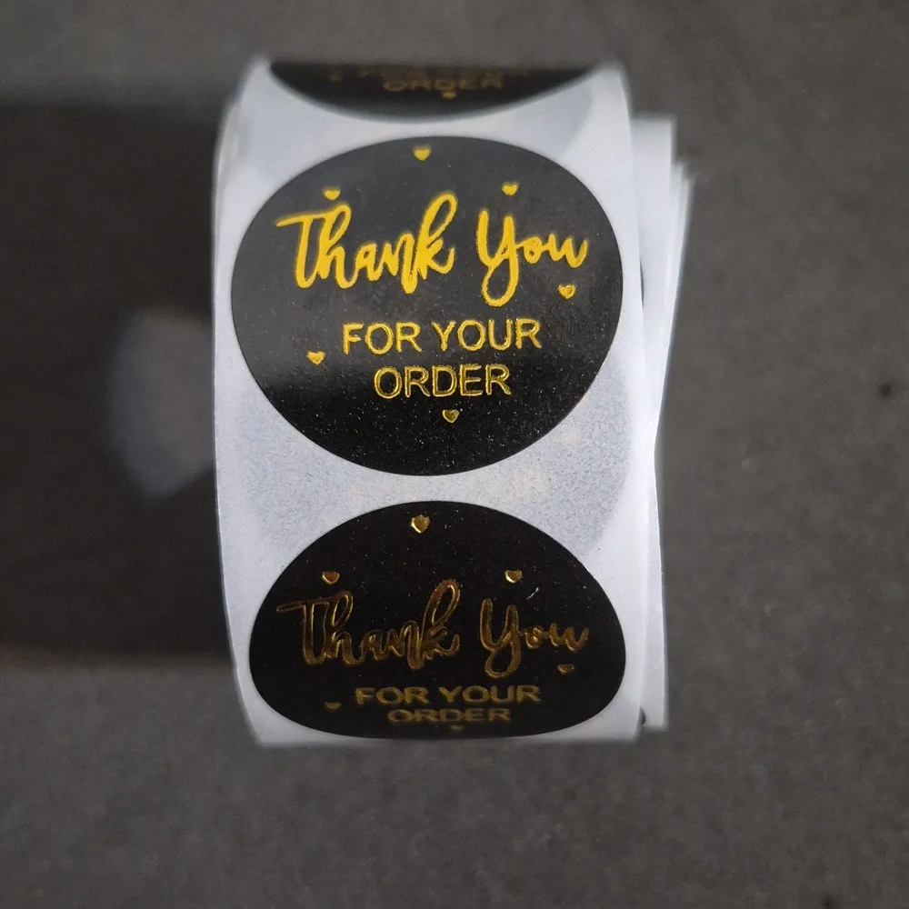Thank You For Your Order Stickers Roll 100 Black & Gold Round 1 X 1