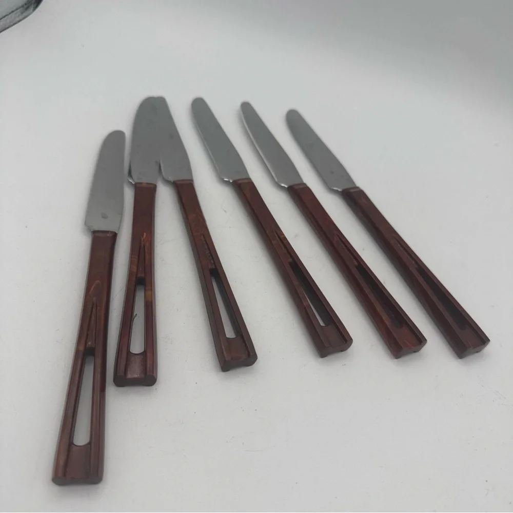 6 VTG Stanley Deluxe Stanhome Steak Knives Catalina Lucite Cut Out Handle MCM