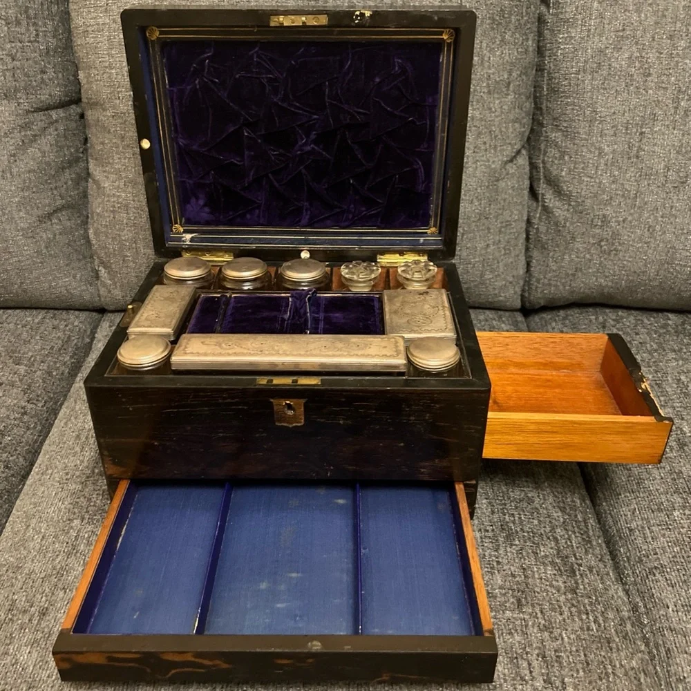 Antique Victorian Coromandel Traveling Vanity Box Brass Inlay Secret Doors