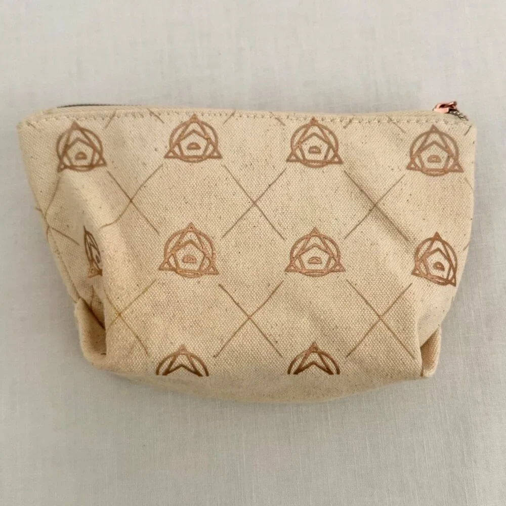 Small Beige Canvas Printed Pouch Cosmetic Bag 6x4x2 Inches Rose Gold Zipper