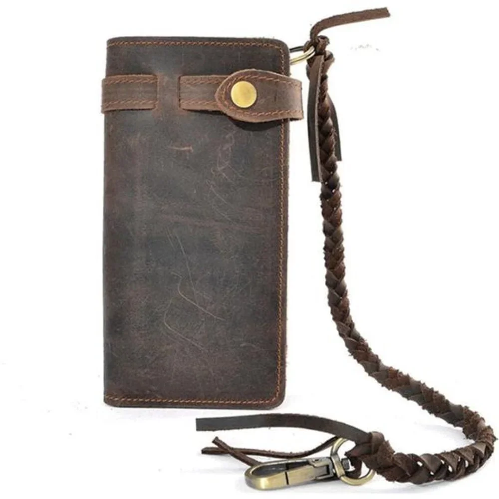 Mens Wallet with Chain Leather Long Bifold Trucker Wallet Vintage Biker Money