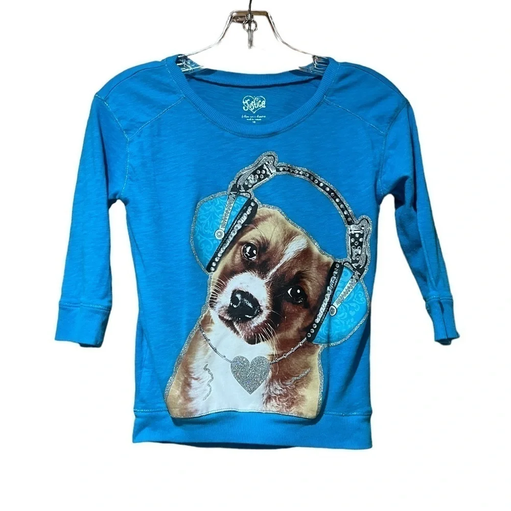 Justice Girls Dog Headphones Rhinestones Glitter Tee 10