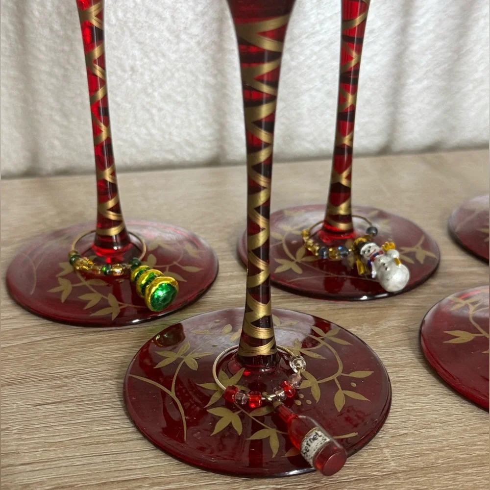 Pier 1 Hand Painted Floral Designs Gold Leaf Glass Water Goblet Set of 7 Glasses
