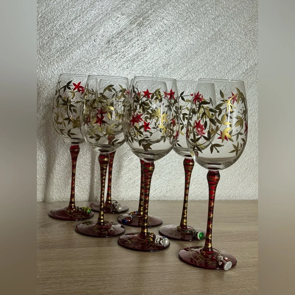 Pier 1 Hand Painted Floral Designs Gold Leaf Glass Water Goblet Set of 7 Glasses