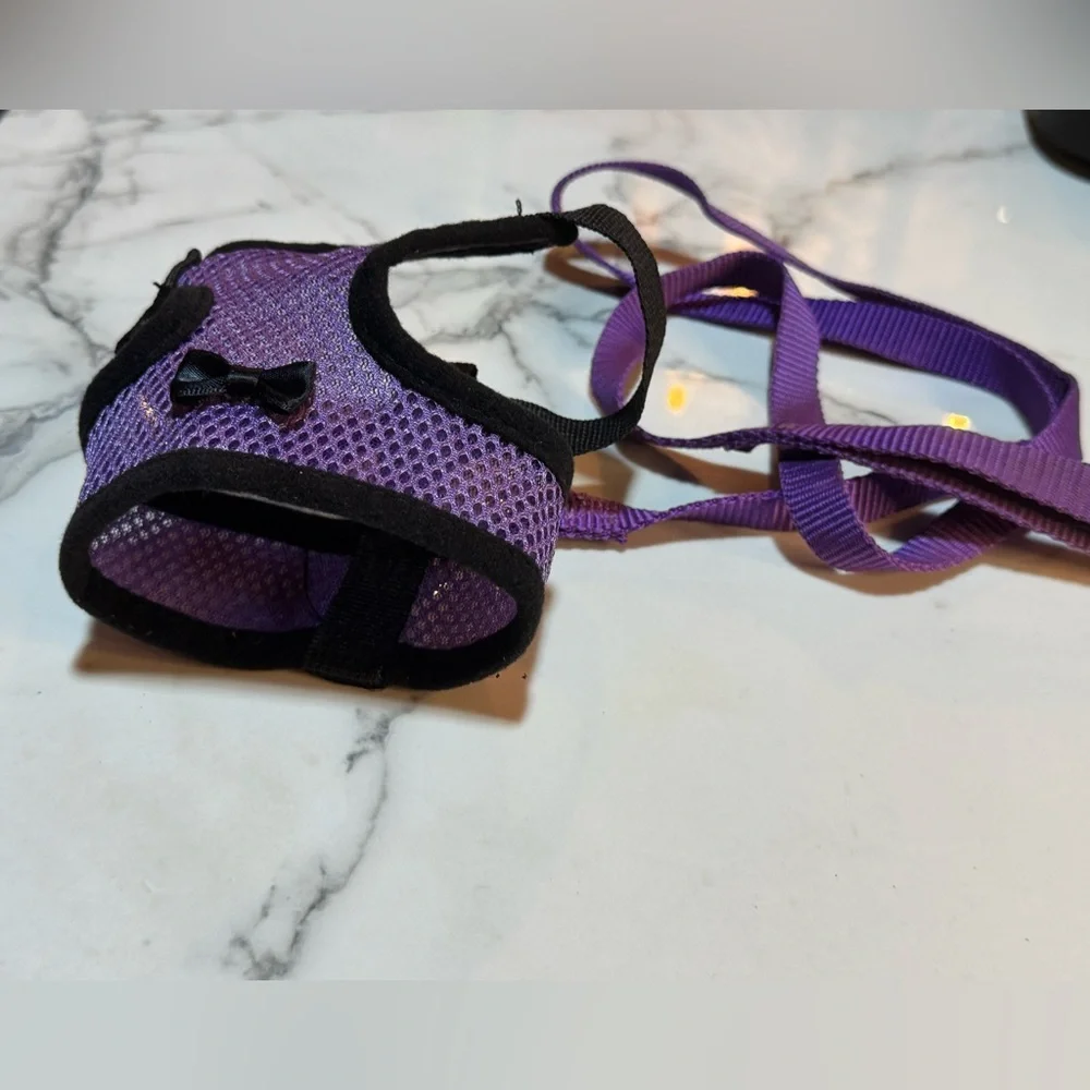 4/$15 Purple Mesh with Black Bow Pet Harness with Leash Size Small