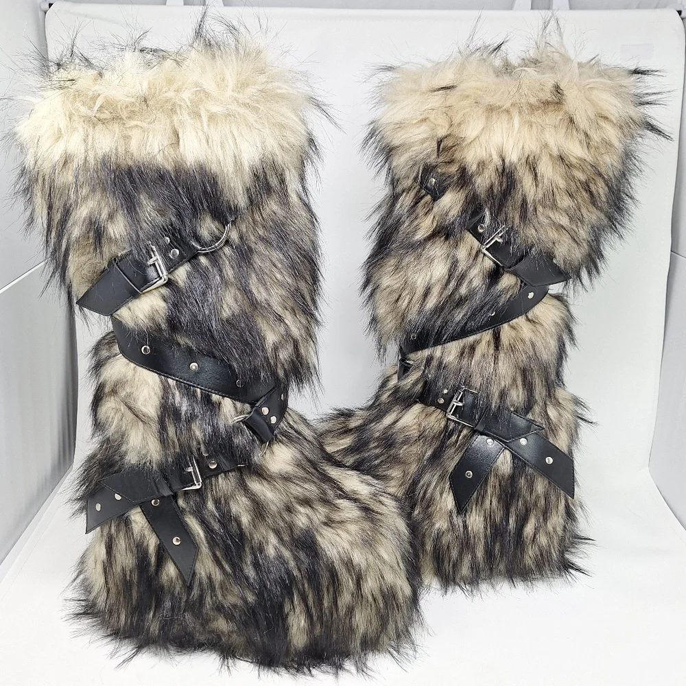 Dolls Kill Club Exx Knee High Fur Wedge Platform Boots Black Tan Studs Buckles