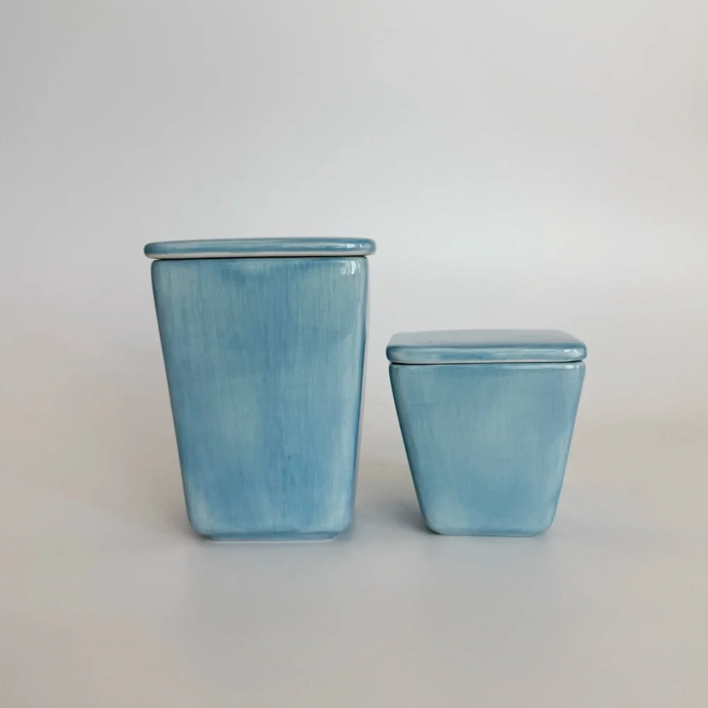 Pottery Barn Ceramic Canister Aqua Blue Vanity Jar Storage Container Set Of 2