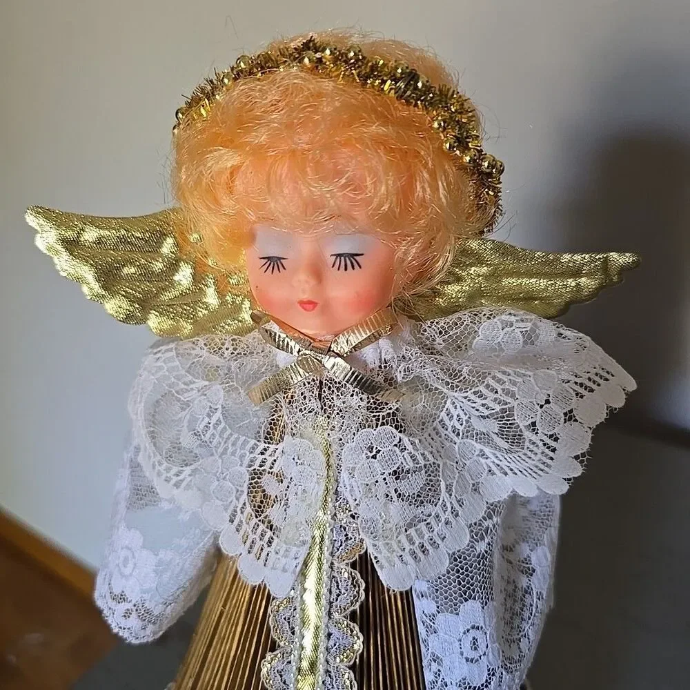 Vintage MCM Christmas Angel Felt Paper Centerpiece LaceGold Sequin Handmade 12