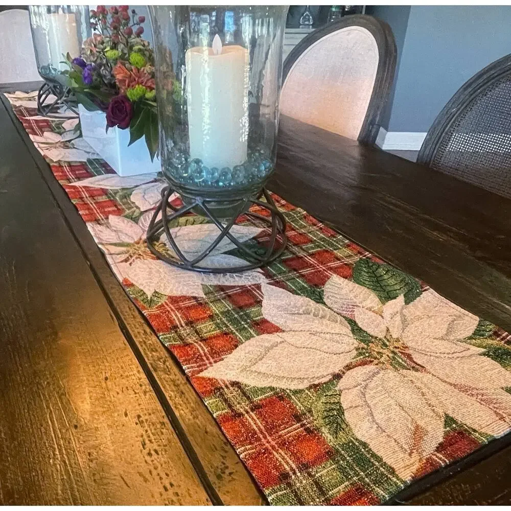 Christmas Plaid Poinsettia Tapestry Table Runner 13x70 Red Cream Green NWT