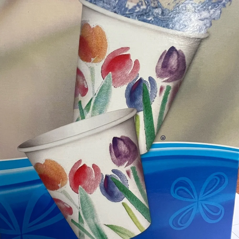 Dixie ROSY WATERCOLOR 100 5 Oz Bath Cups Disposable 2006 Prop Vtg Tulips NOS USA