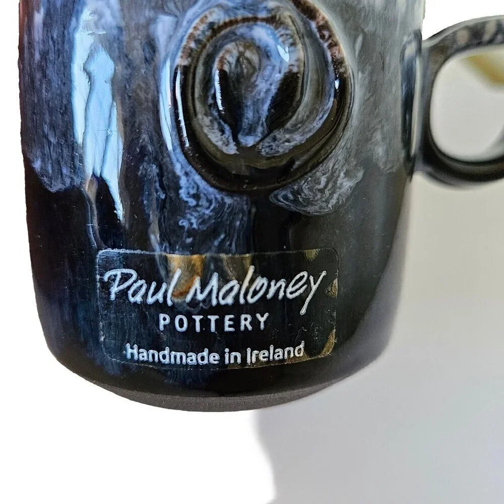 Paul Maloney Pottery Handmade in Ireland Swirl Glazed White Indigo Coffee Mug