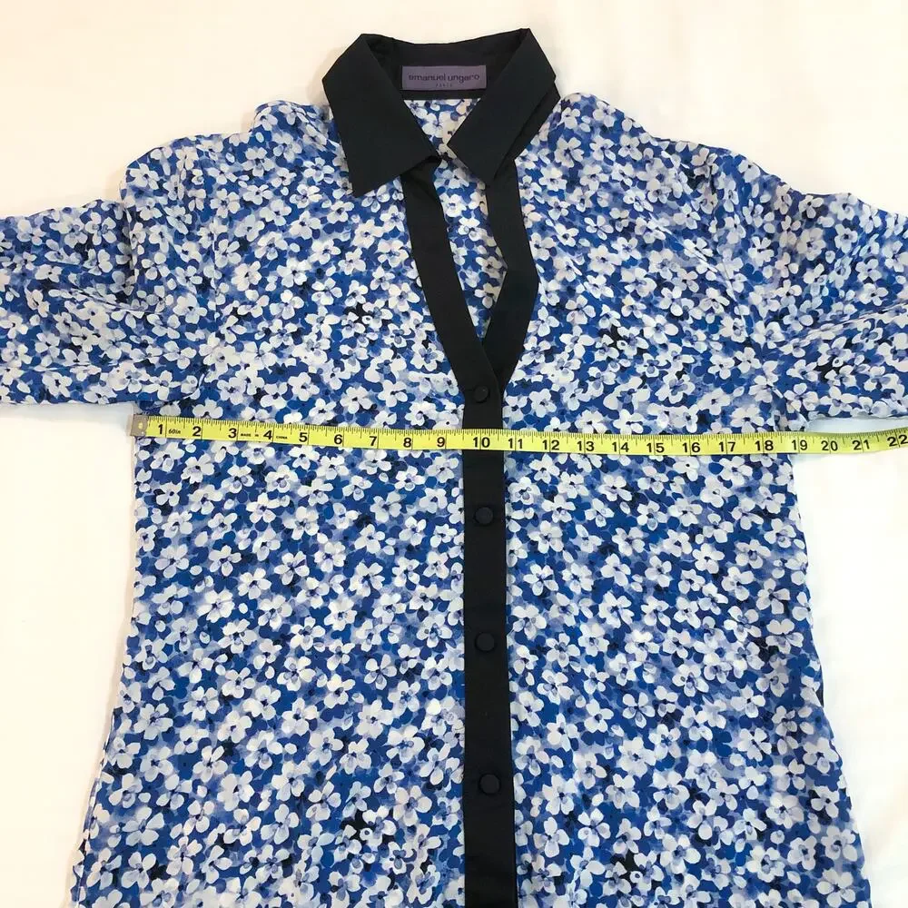 Emanuel Ungaro Silk Blue Floral Button Up Top Blouse