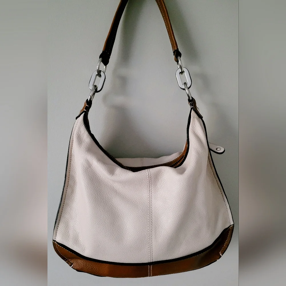 Tignanello Hobo 100% Genuine Leather Shoulder Bag Large Cream/Cognac 14