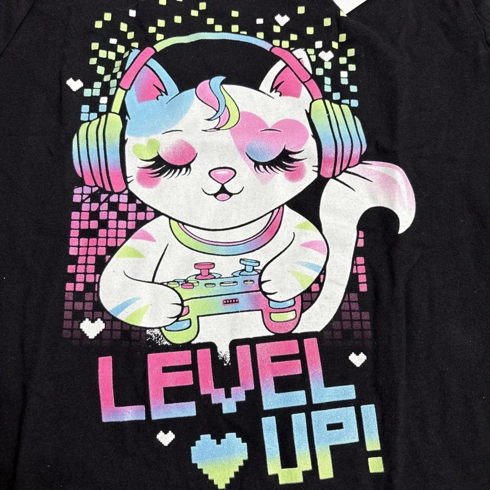 5/$20! The Children's Place Girls Black‎ XL (14/16) Kitty Level Up Gamer Shirt