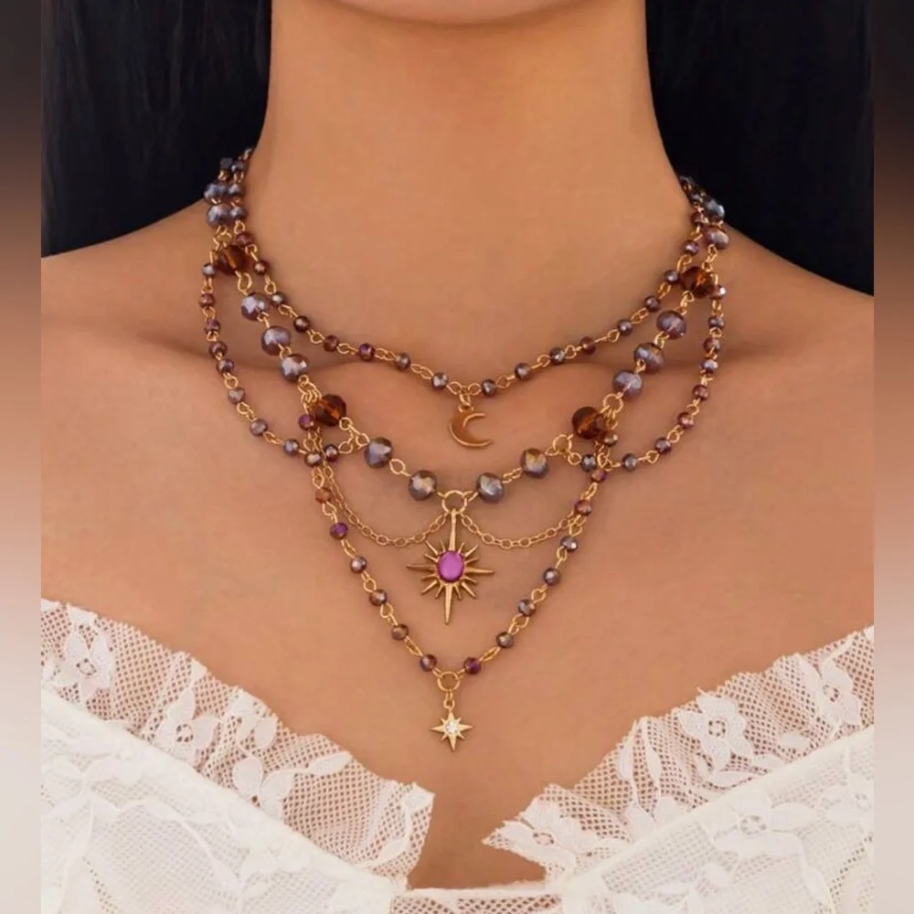 Celestial Layered Choker Necklace Star Moon Pink Purple Gold Tone Vtg Style NEW