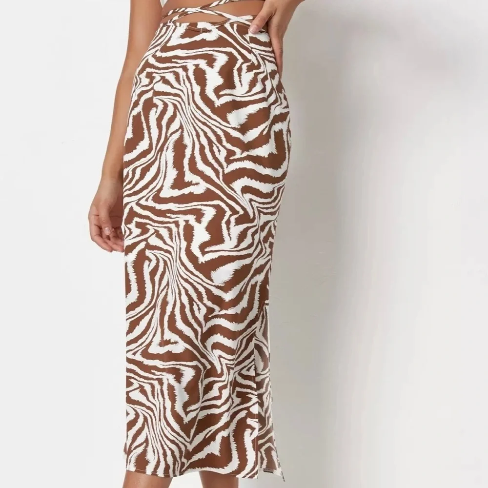 Missguided zebra print tie waist midi skirt with slit (size 6/M)