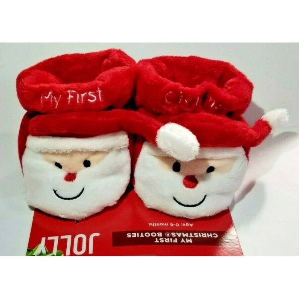 Baby Booties Red & White Soft Adorable Plush My First Christmas Santa Holiday