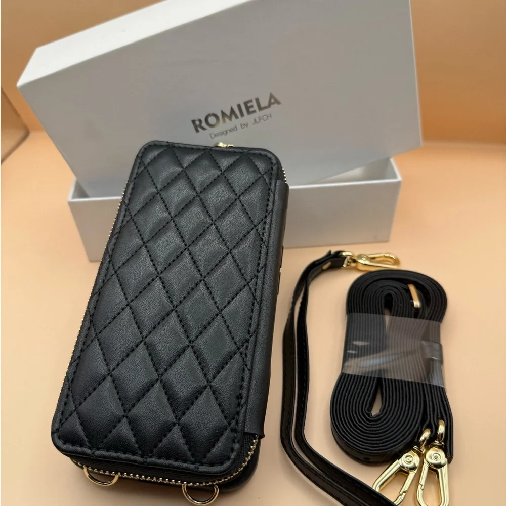 Romiela Black Quilted Crossbody Wallet, magnetic Case for iPhone 13 Pro NWOT