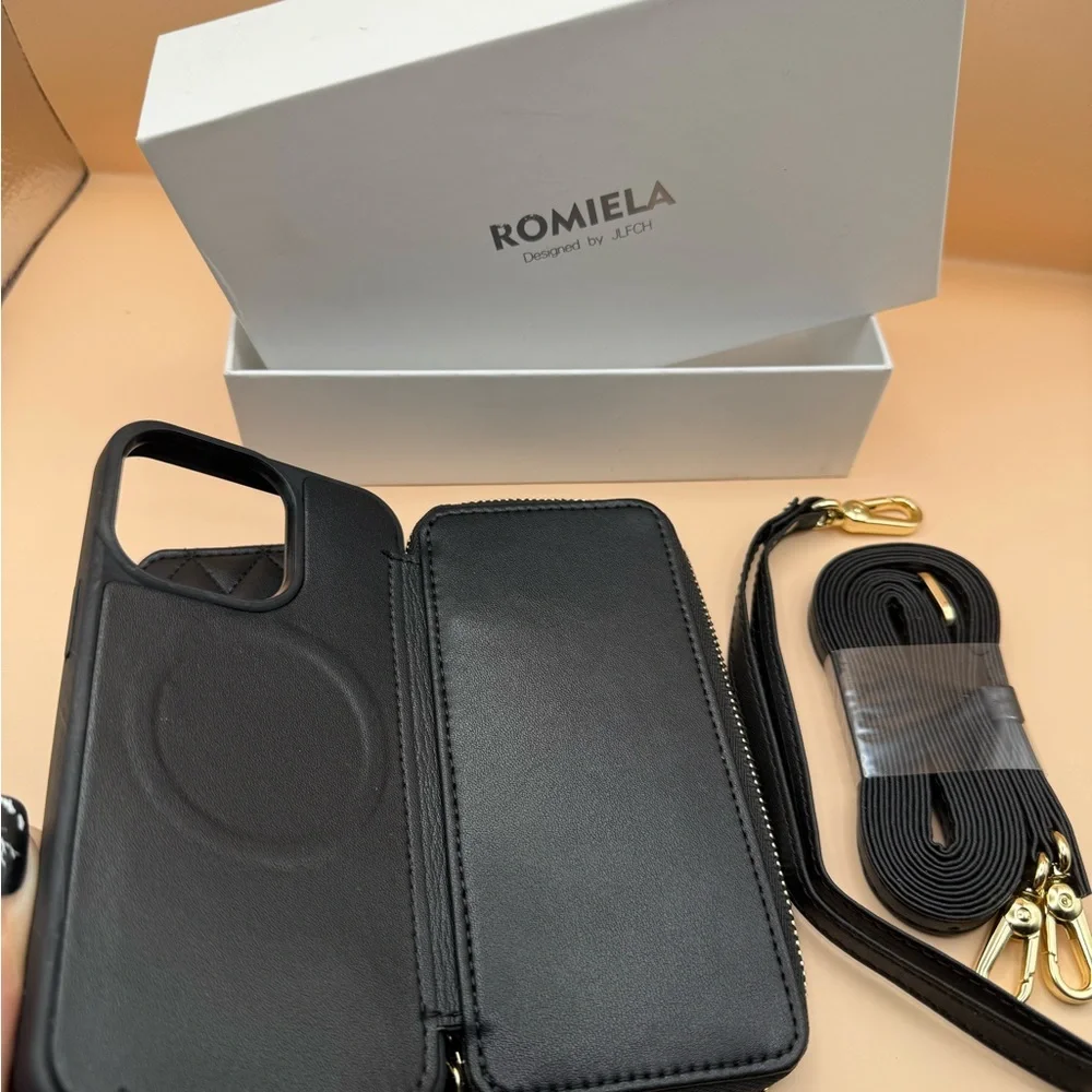 Romiela Black Quilted Crossbody Wallet, magnetic Case for iPhone 13 Pro NWOT