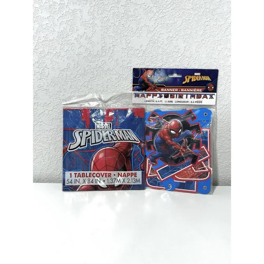 Marvel Spiderman Birthday Table Cover 54inX84in & 6.4FT Birthday Banner Set NEW