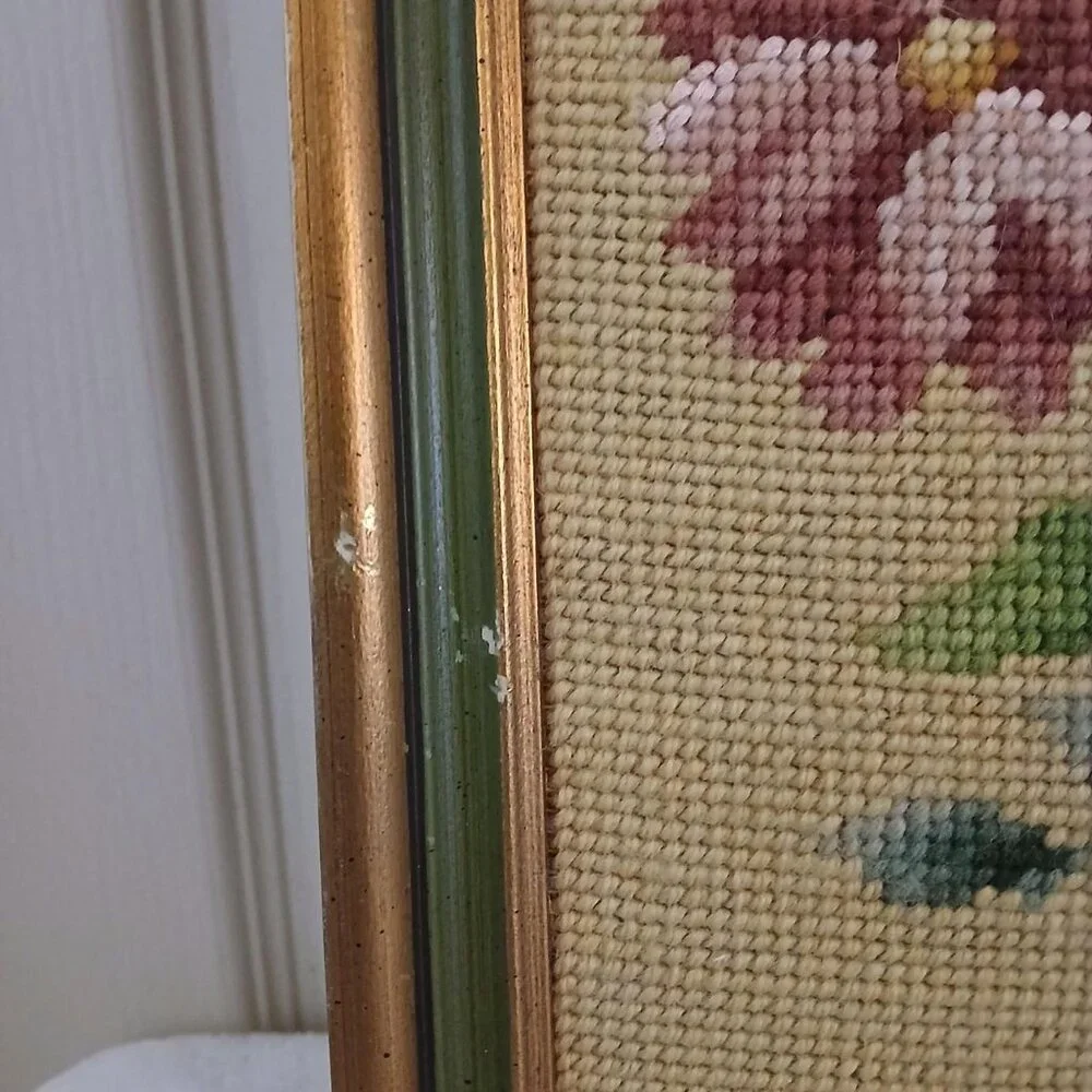 VTG MCM Floral Framed Needlepoint Embroidered Tapestry Weaving 18x 9 Cottagecore