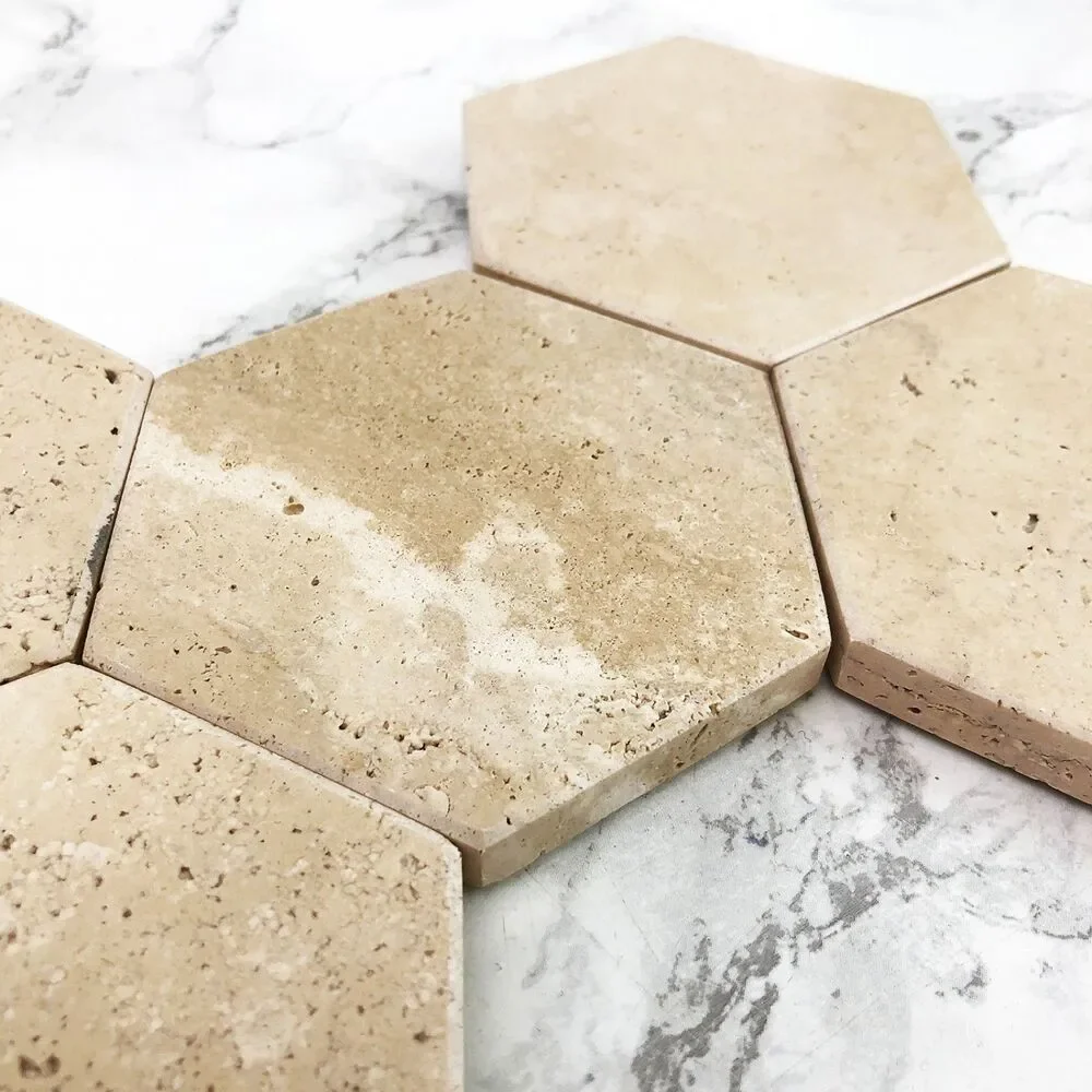 Hexagonal Travertine Marble Coaster Set of 5 Natural Beige Stone Home Decor