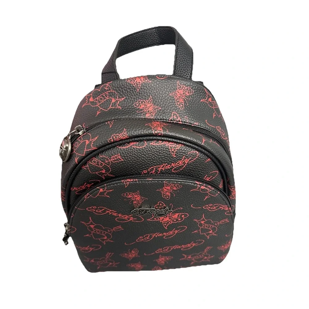Ed Hardy Women's  Butterfly Design Red/Black Faux Leather Mini Backpack New