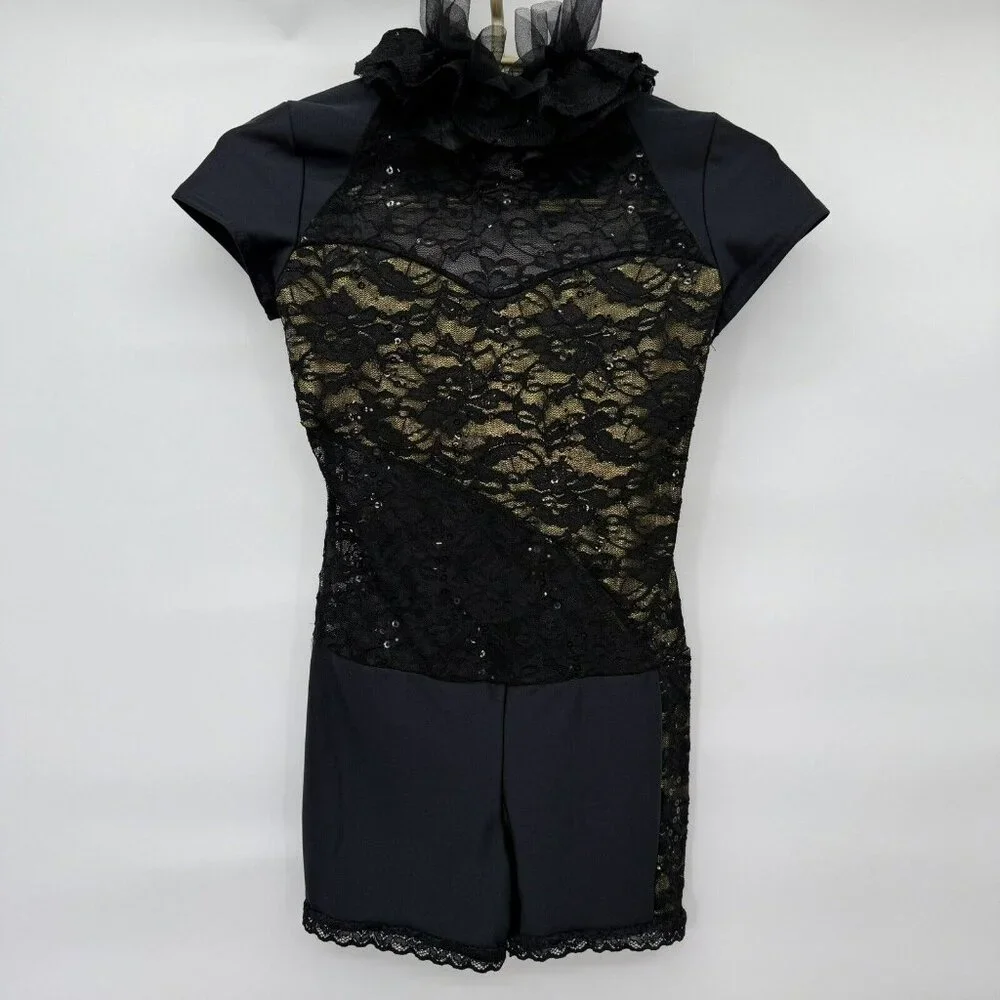 Dance‎ Costume Black Gold Sequins Jazz Child Large Open Back “Bionic”