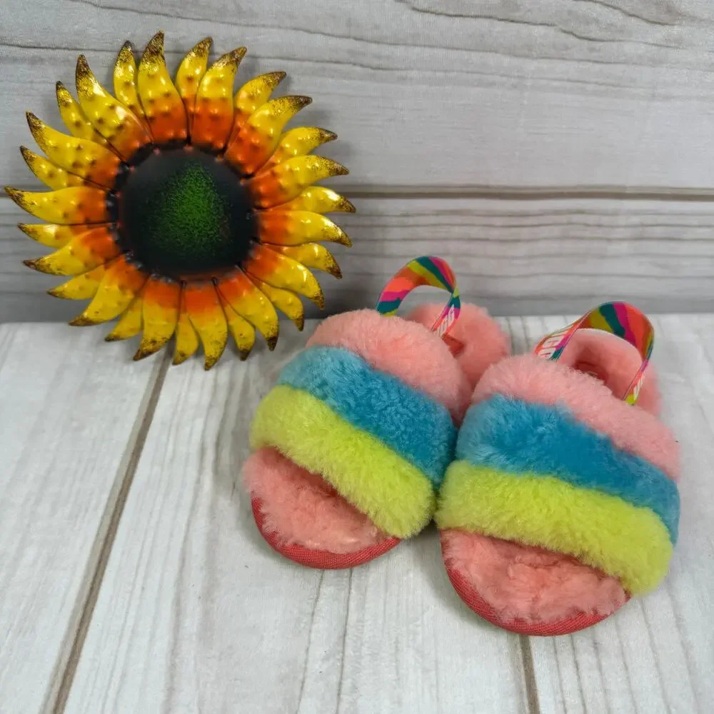 UGG Kids Rainbow Fur Fluff Yeah Slides Slippers Pink Blue Yellow Size 9 Toddler