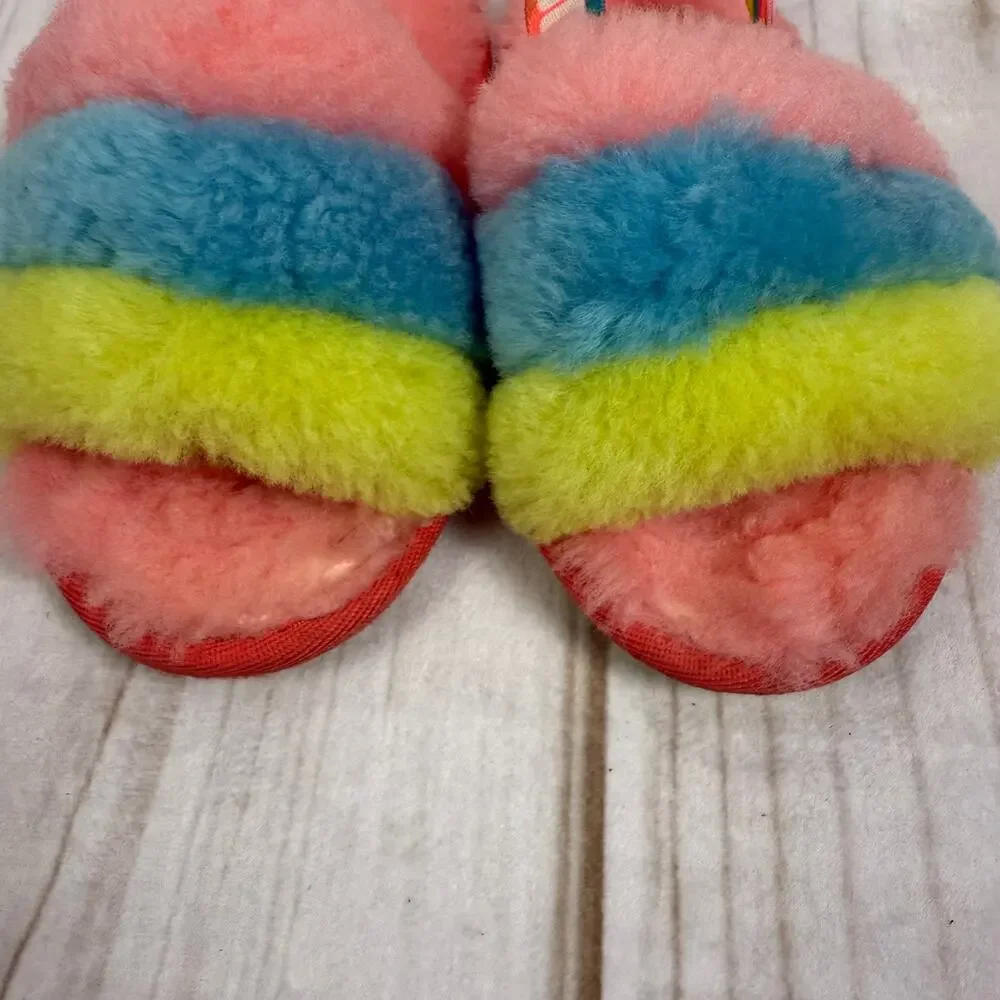 UGG Kids Rainbow Fur Fluff Yeah Slides Slippers Pink Blue Yellow Size 9 Toddler