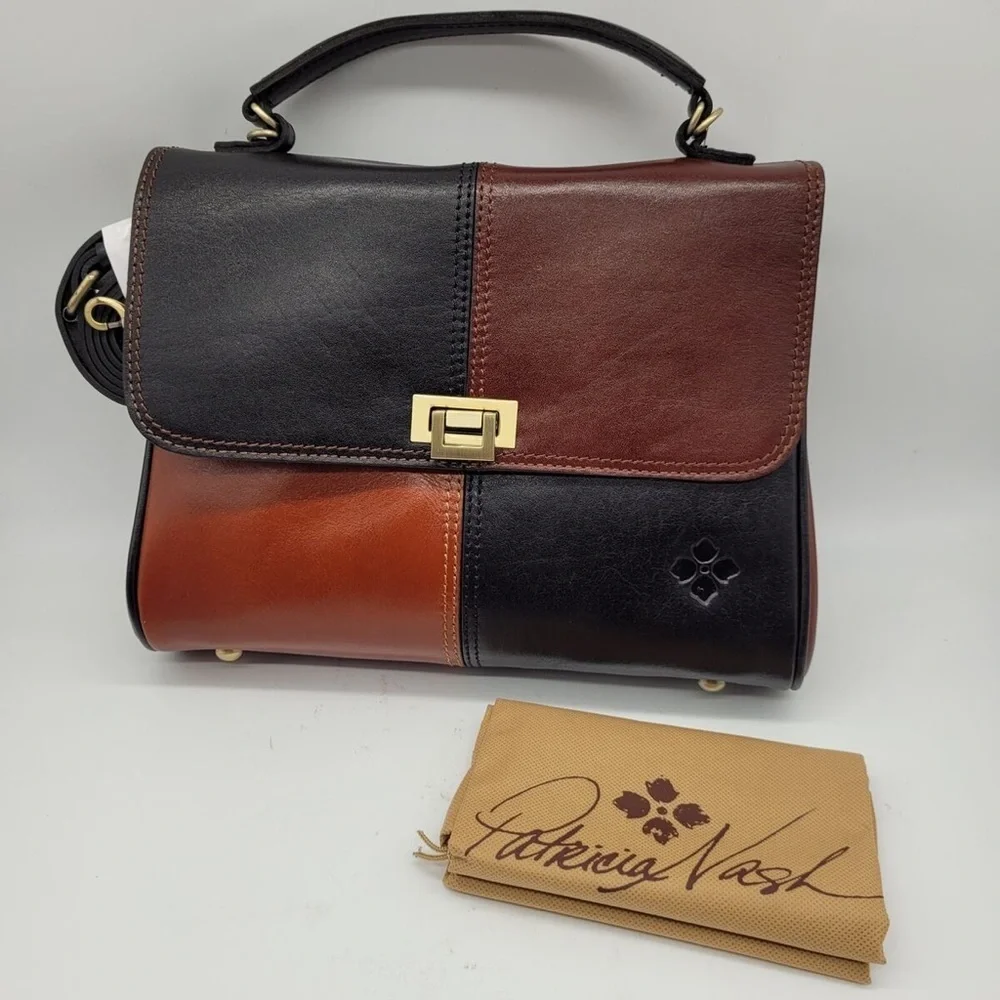 Patricia Nash Satchel with Gold Clasp Leather Crossbody Bag Brown/black