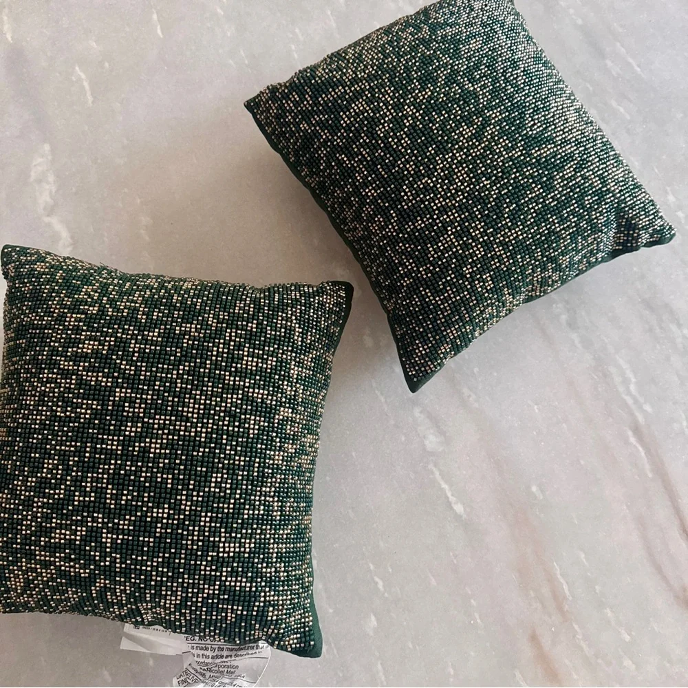 NWT Threshold Mini Square Beaded Throw Pillow Green Set of 2