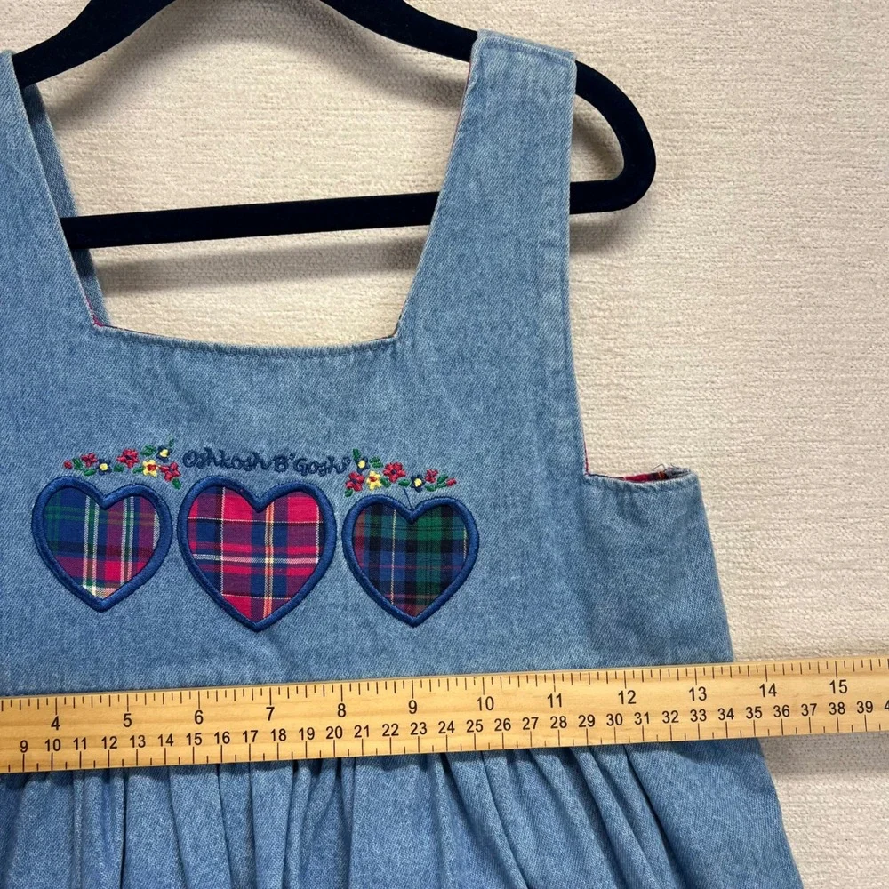 Vintage 90s Oshkosh B'gosh Girls Denim Heart Plaid Pinafore Jumper Dress Size 6