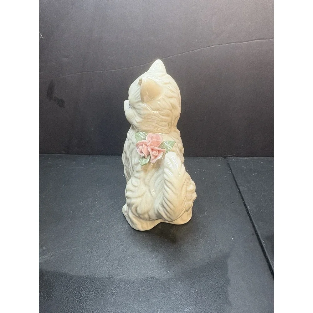 Vintage Cat Figurine With Flowers White Long Hair Ceramic Feline Paw Raised