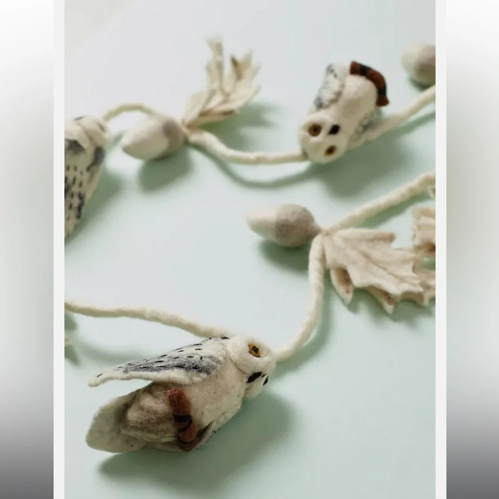 Anthropologie Garland FELTED OWL Leaves Holiday Wool Neutral Ivory Rope 6' NWT