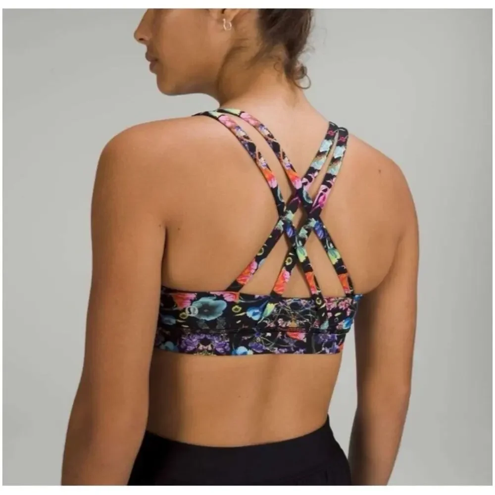Lululemon Women’s Sz 2 Black Floral Sports Bra Energy Flowerscope Medium Support