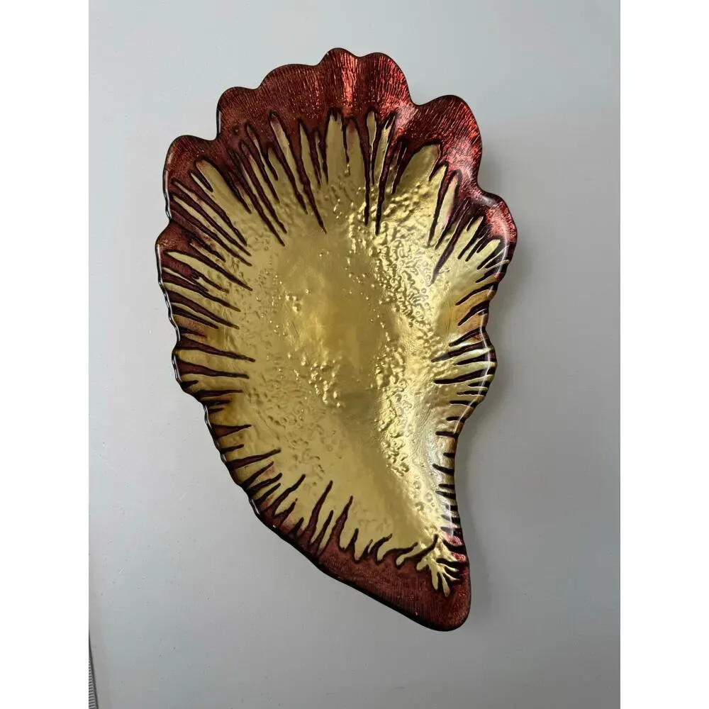 Rusty Gold Red Glass Bowl LARGE Handmade Gold Copper Backpainted 13.5x9” Oyster