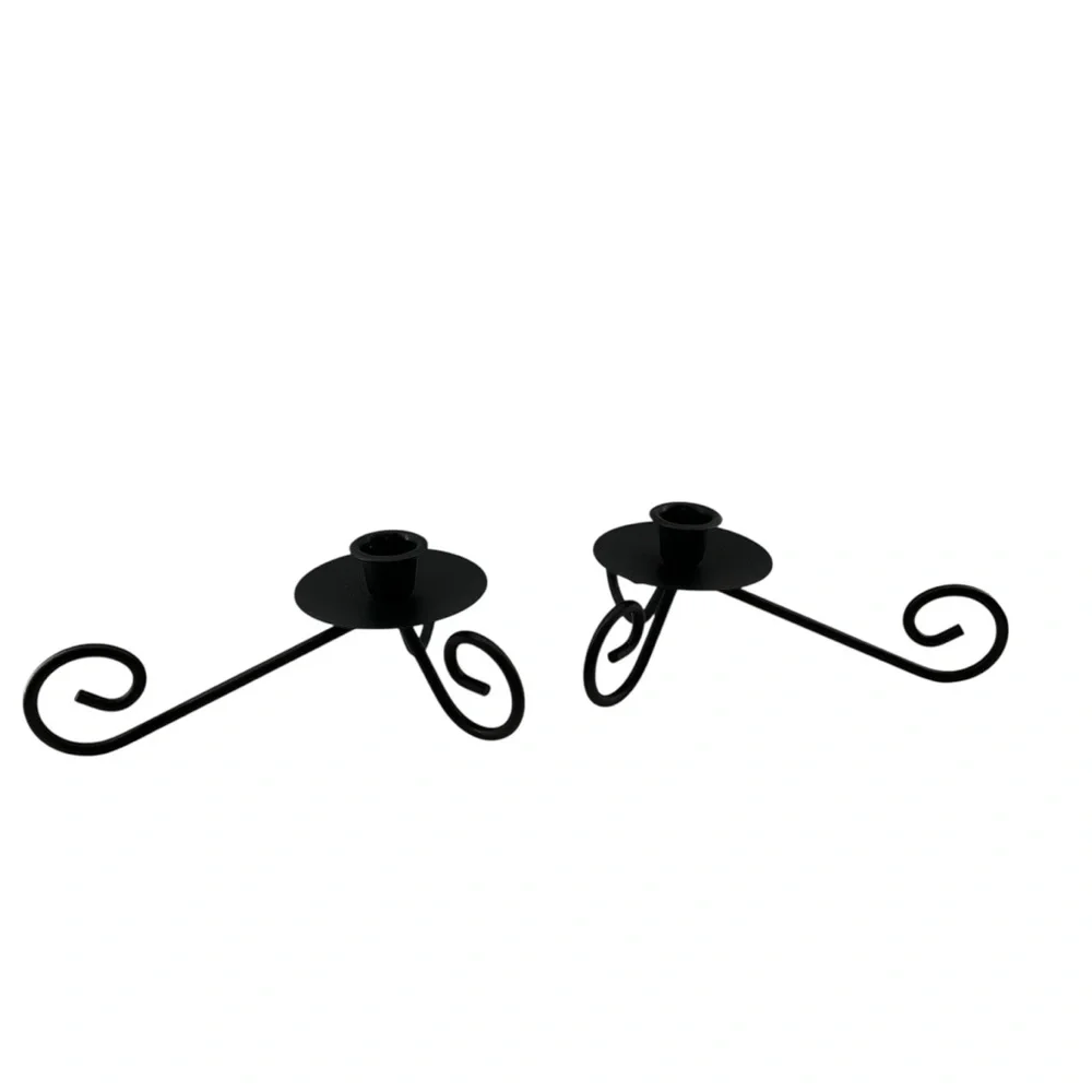 vtg Wrought Iron Candle Holders Flat Black
