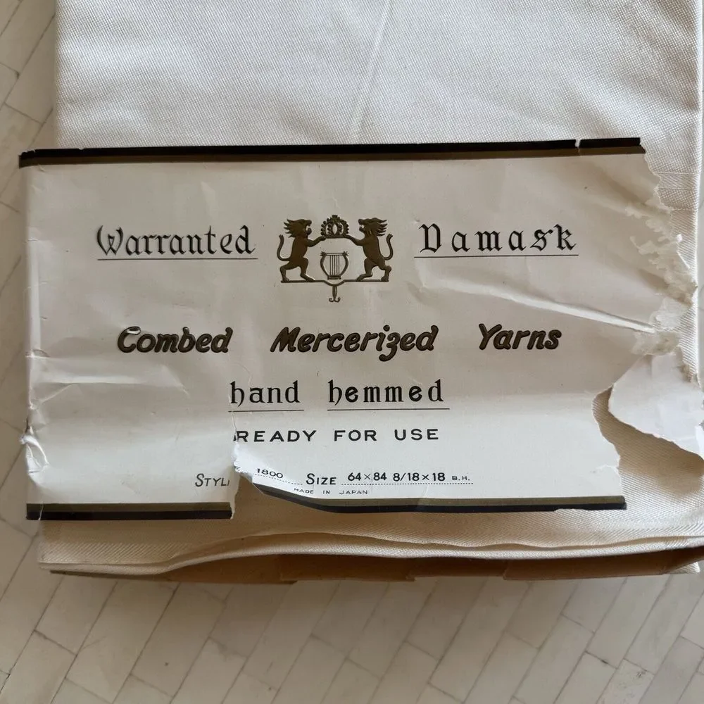 Vtg Table Damask Ivory Tablecloth 64x84 Hand Hem Japan Combed Mercerized‎ Yarns