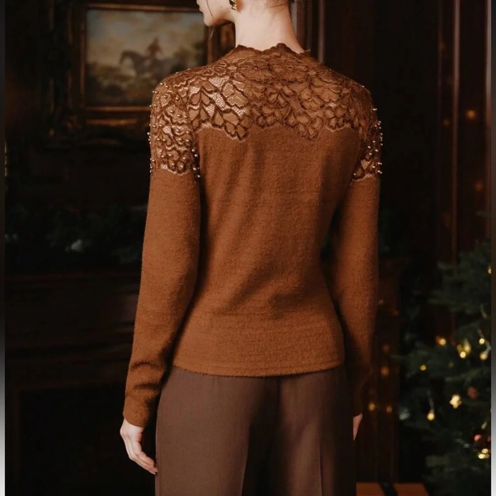 Elegant Brown Lace Top with Gold Accents