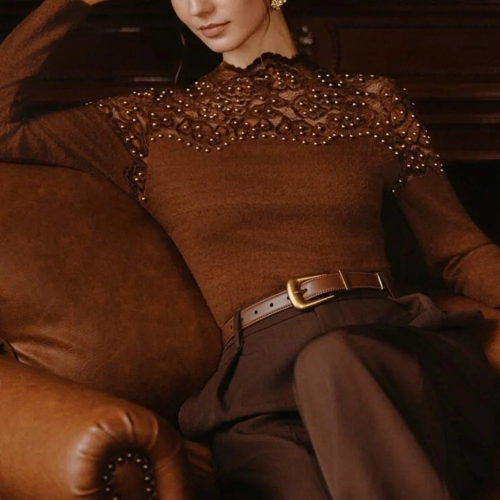 Elegant Brown Lace Top with Gold Accents