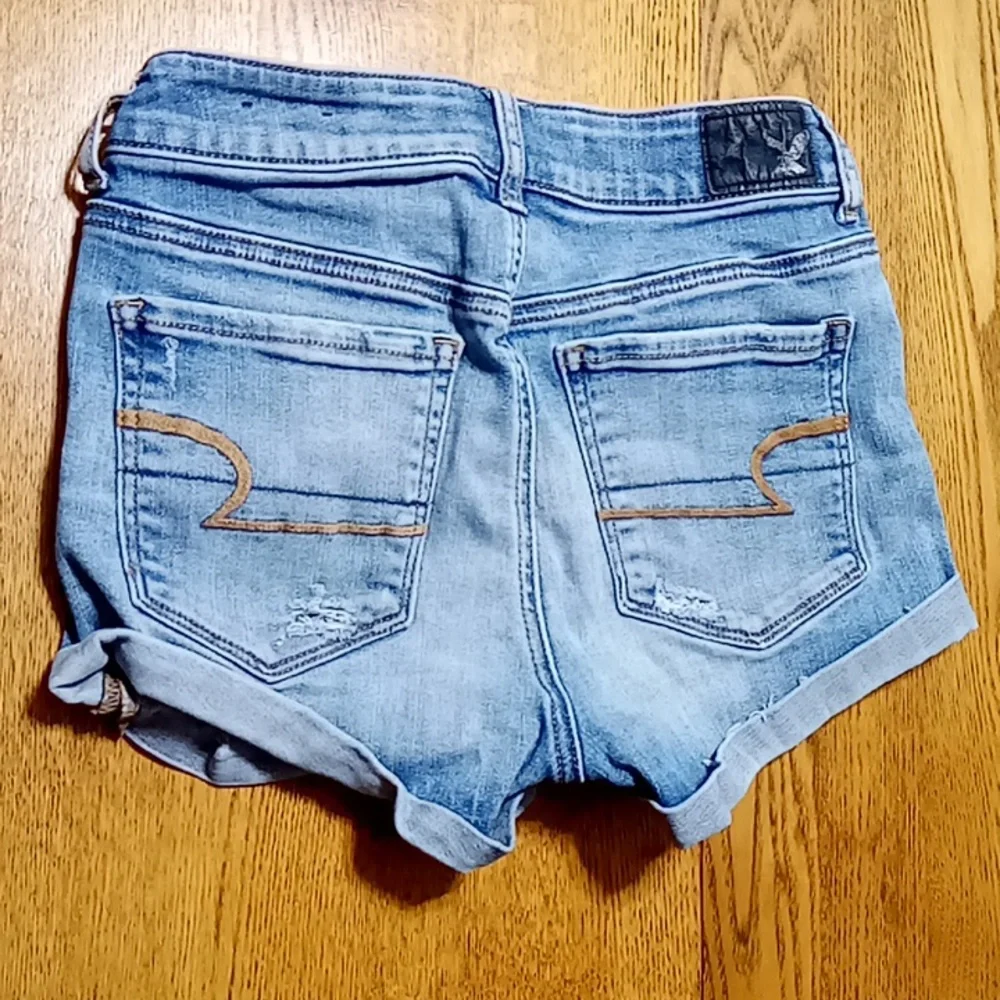 AMERICAN EAGLE JEAN SHORTS WOMENS 4 BLUE Preowned Super Stretch Denim Distressed
