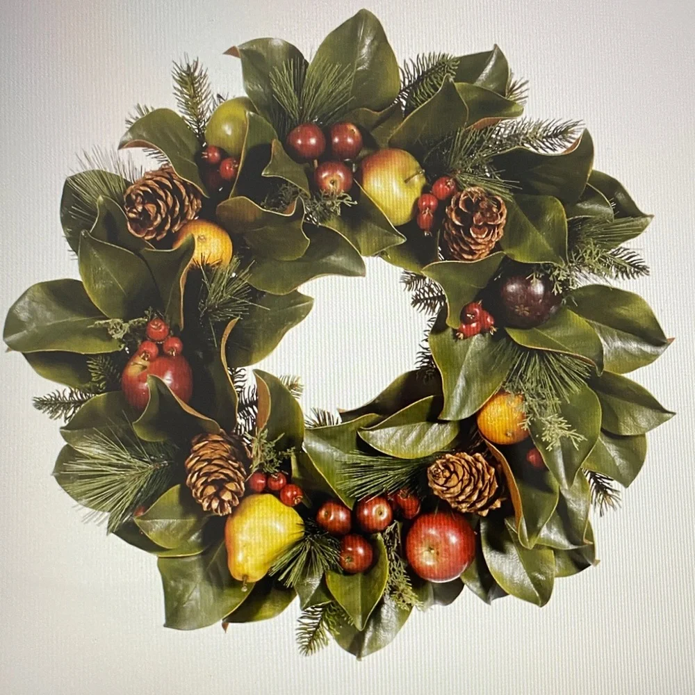 Winward Home Faux Magnolia Leaf Pinecone Fruit Foliage Holiday Wreath 24”